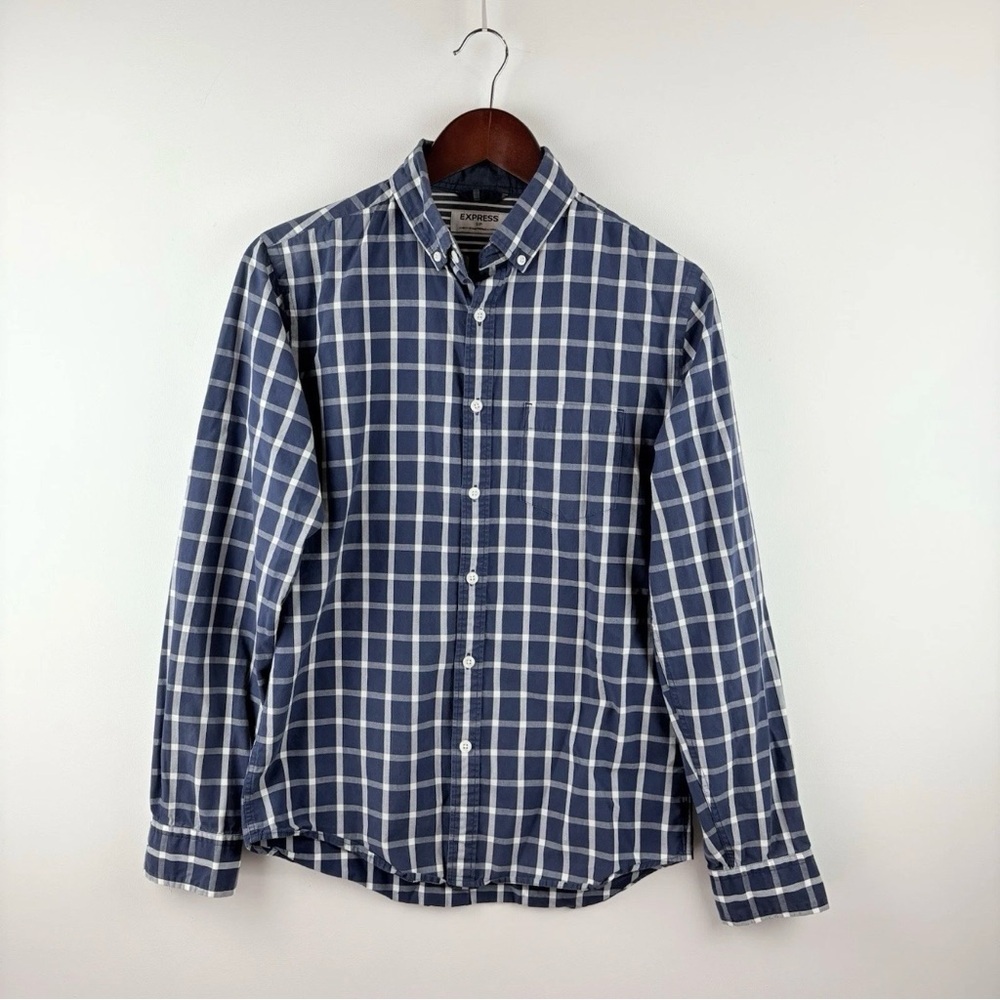 Express Mens Blue Checkered Long Sleeve Button Down Up Dress Shirt Classic Small